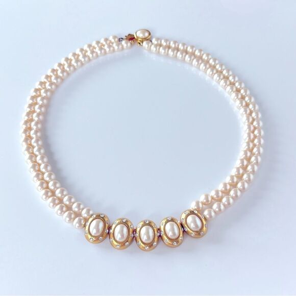 Vintage Double Strand Glass Pearl Gold Encrusted Necklace - Picture 1 of 5